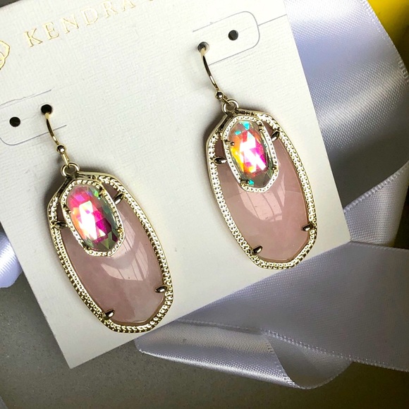 NWT Kendra Scott RARE & Retired Emmy Earrings Rose Quartz, Dichroic Yellow Gold - Picture 8 of 17
